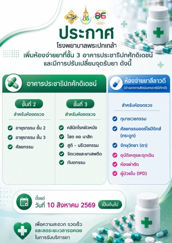 โรงพยาบาลพระปกเกล้า ขอแจ้งเพิ่มพื้นที่ให้บริการจ่ายยา ณ ชั้น 3 อาคารประชาธิปกศักดิเดชน์ และปรับเปลี่ยนจุดรับยาใหม่