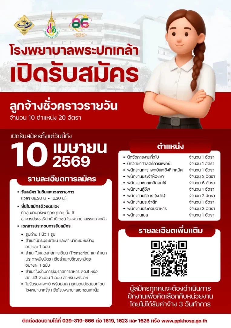 ประกาศรับสมัครลูกจ้างชั่วคราวรายวัน 10 ตำแหน่ง 20 อัตรา