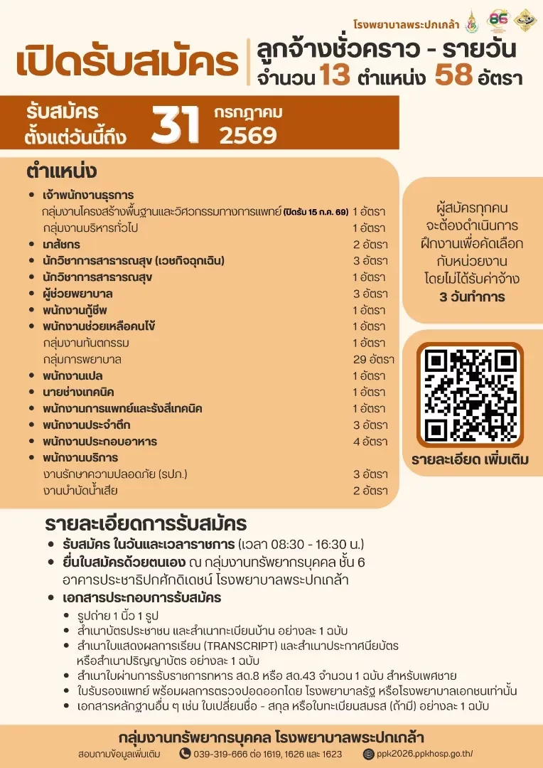 ประกาศโรงพยาบาลพระปกเกล้า เรื่อง รับสมัครบุคคลเข้าเป็นลูกจ้างชั่วคราว-รายวัน
