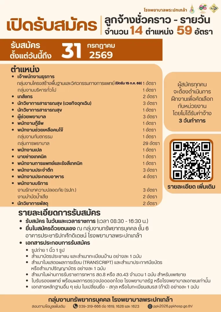 ประกาศโรงพยาบาลพระปกเกล้า เรื่อง รับสมัครบุคคลเข้าเป็นลูกจ้างชั่วคราว-รายวัน