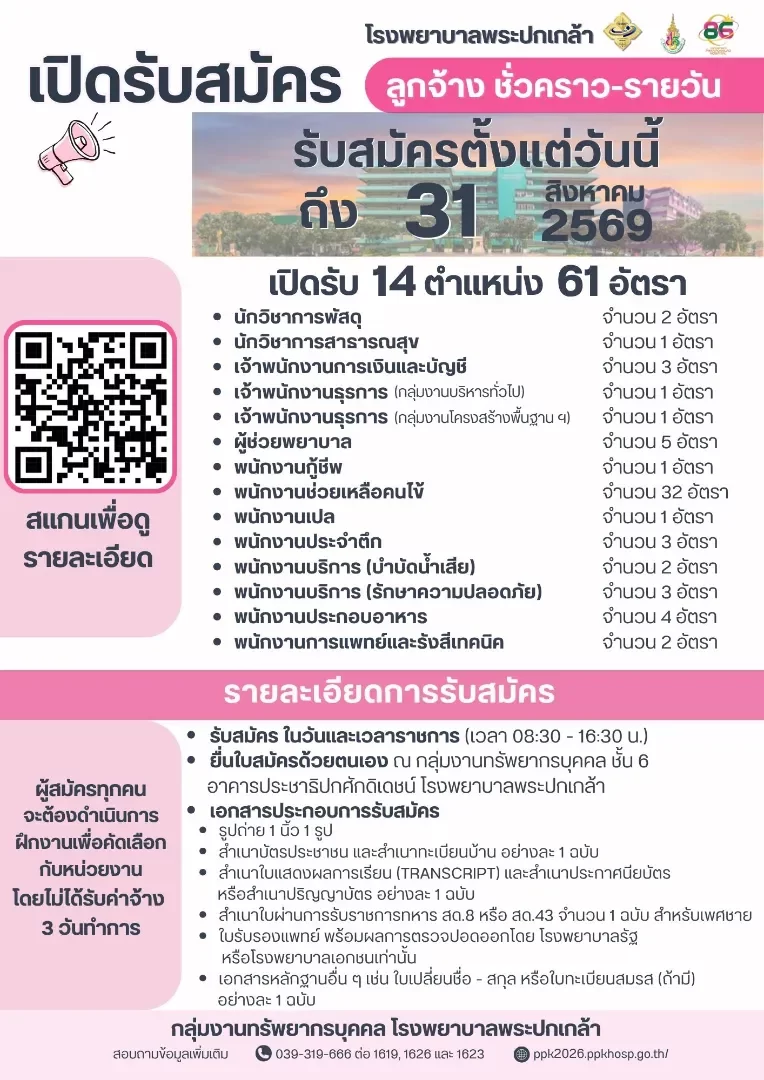 ประกาศโรงพยาบาลพระปกเกล้า เรื่อง รับสมัครบุคคลเข้าเป็นลูกจ้างชั่วคราว-รายวัน