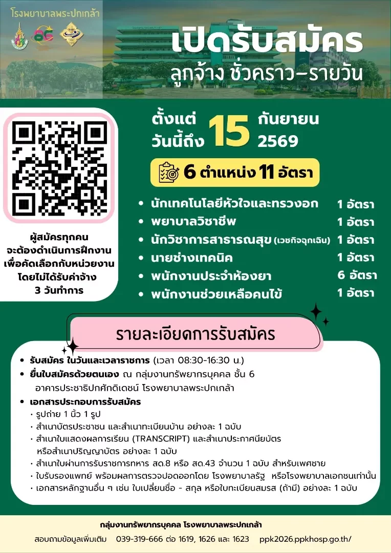 ประกาศโรงพยาบาลพระปกเกล้า เรื่อง รับสมัครบุคคลเข้าเป็นลูกจ้างชั่วคราว-รายวัน