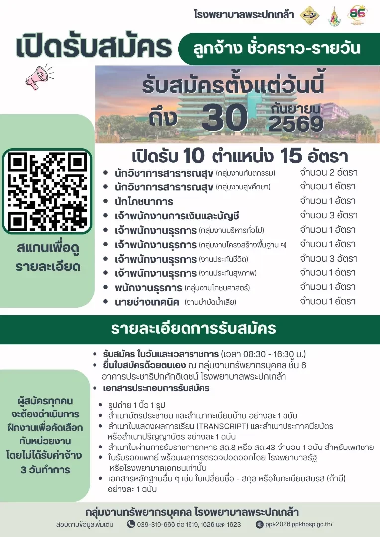 ประกาศโรงพยาบาลพระปกเกล้า เรื่อง รับสมัครบุคคลเข้าเป็นลูกจ้างชั่วคราว-รายวัน
