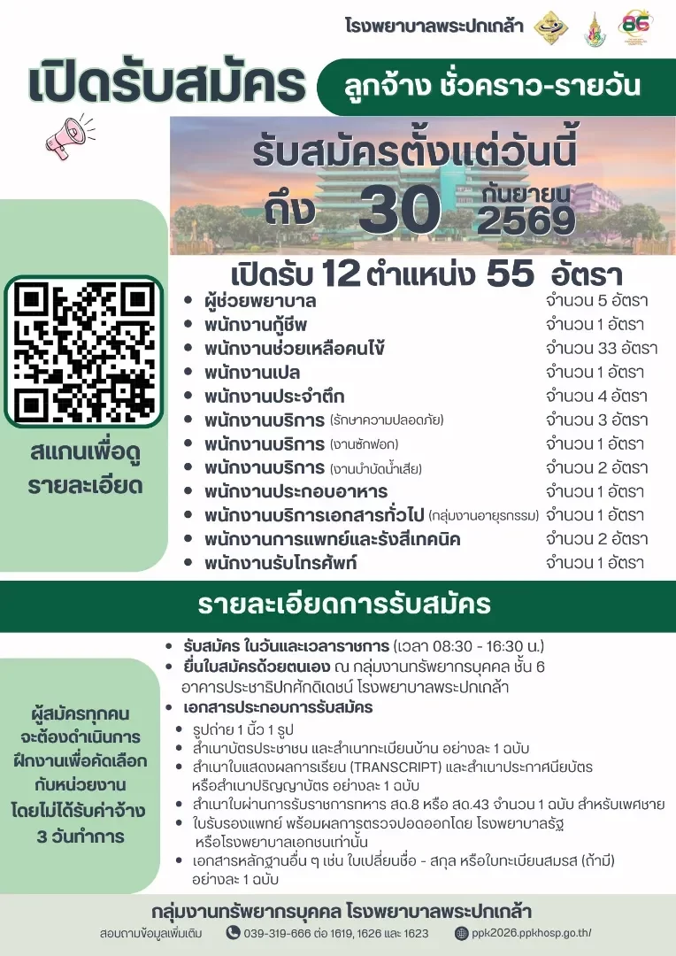 ประกาศโรงพยาบาลพระปกเกล้า เรื่อง รับสมัครบุคคลเข้าเป็นลูกจ้างชั่วคราว-รายวัน