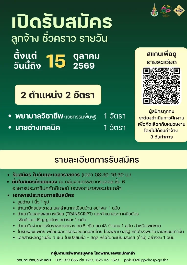 ประกาศโรงพยาบาลพระปกเกล้า เรื่อง รับสมัครบุคคลเข้าเป็นลูกจ้างชั่วคราว-รายวัน