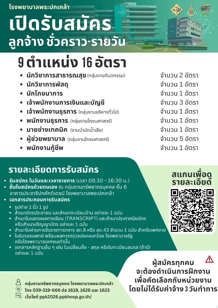 ประกาศโรงพยาบาลพระปกเกล้า เรื่อง รับสมัครบุคคลเข้าเป็นลูกจ้างชั่วคราว-รายวัน