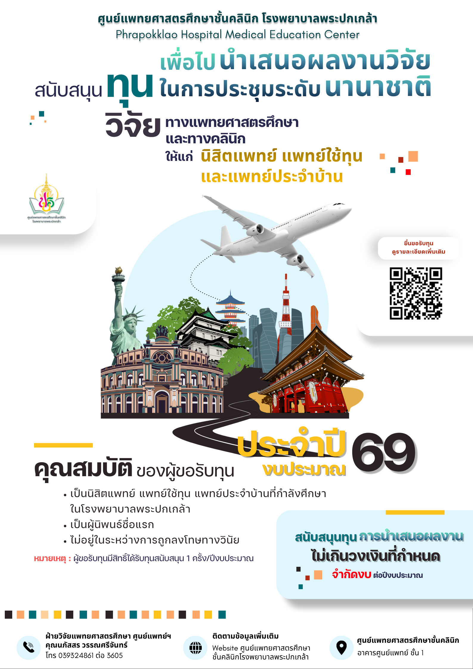 สนับสนุนทุนวิจัยทางแพทยศาสตรศึกษาและทางคลินิกเพื่อไปนำเสนอผลงานในระดับนานาชาติ